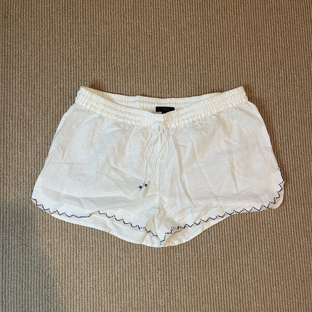 J. Crew Women’s White Linen Elastic Waist Shorts with beaded trim